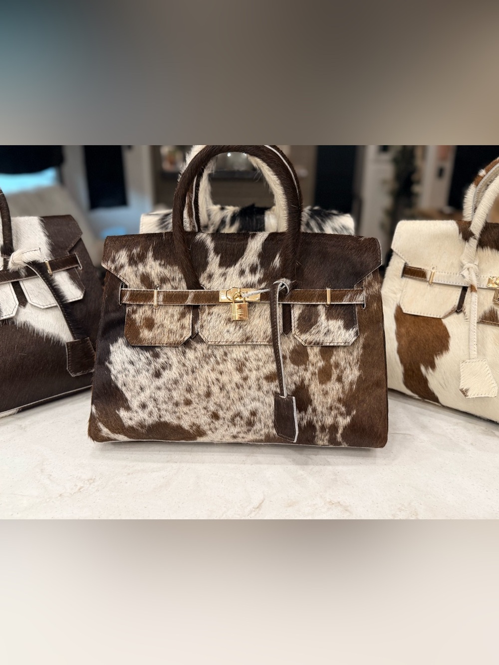 Genuine Tri-Color Cowhide Handbag | Gold Hardware